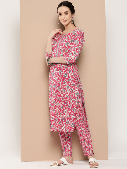 Women's Pink Ethnic Motifs Straight Kurta Trouser Set
