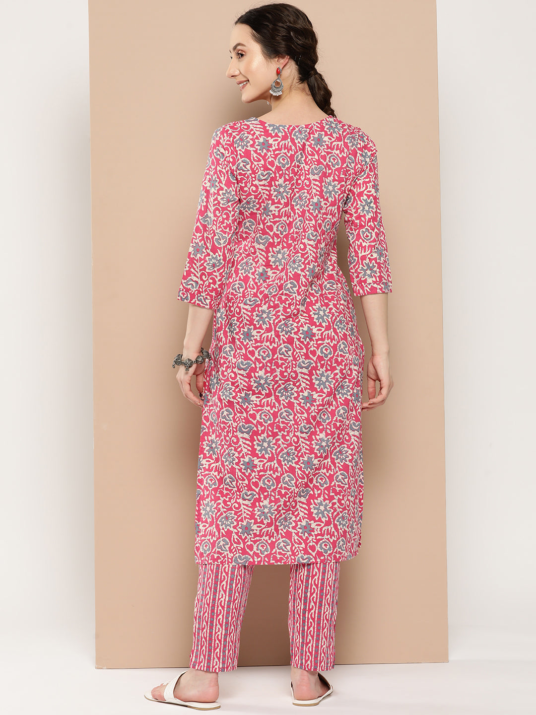 Women's Pink Ethnic Motifs Straight Kurta Trouser Set