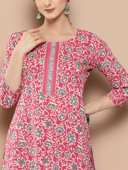 Women's Pink Ethnic Motifs Straight Kurta Trouser Set