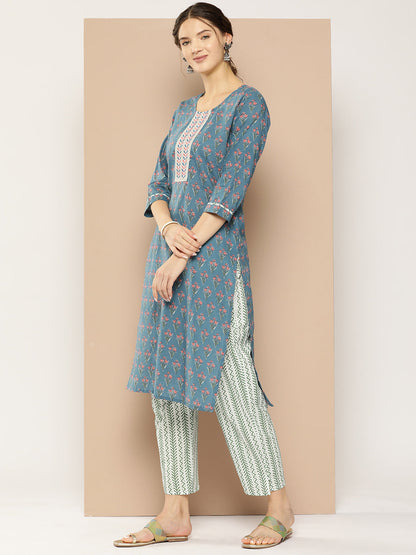 Women's Blue Ethnic Motifs Straight Kurta Trouser Set