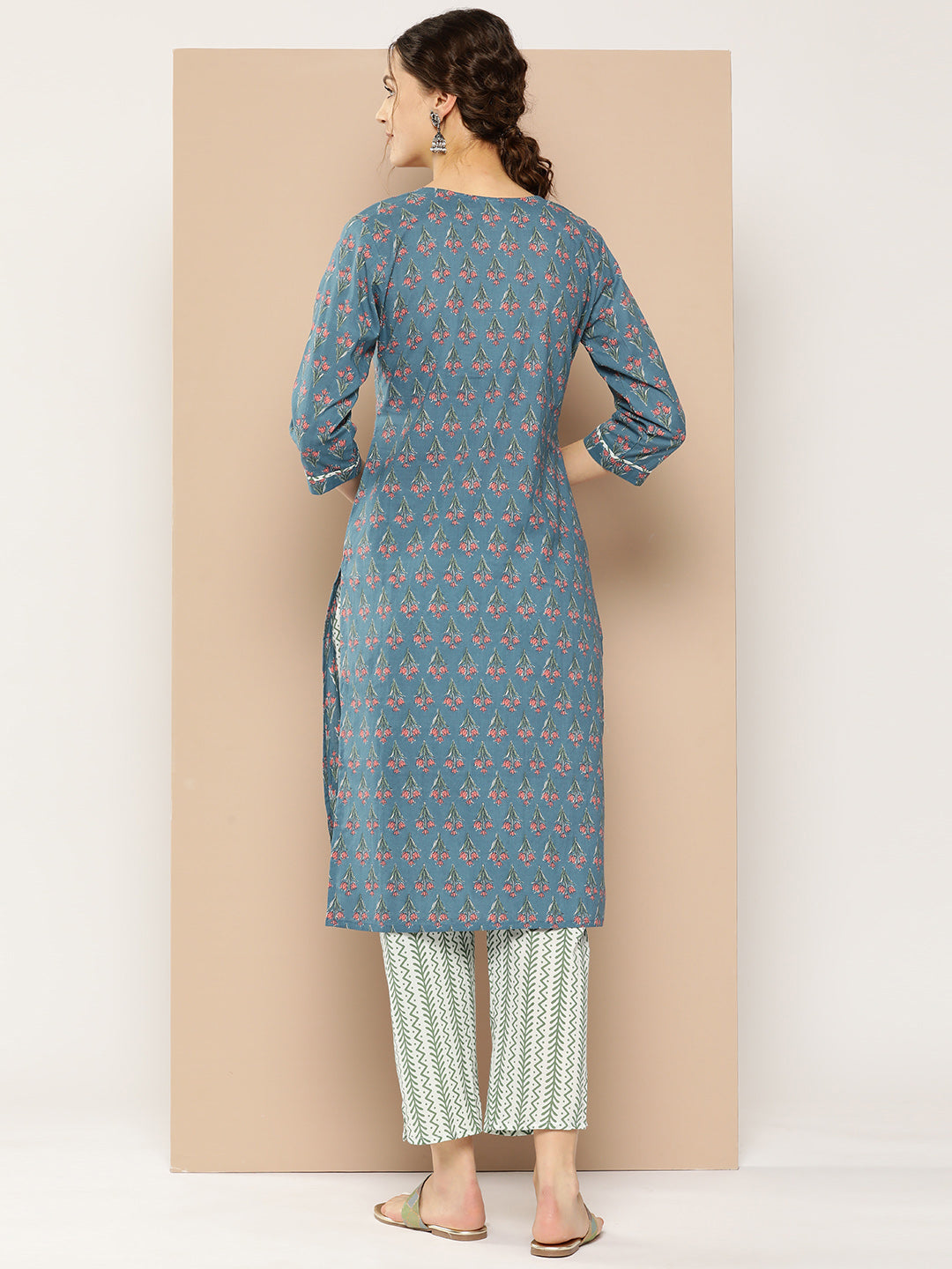 Women's Blue Ethnic Motifs Straight Kurta Trouser Set