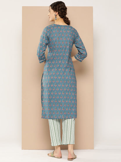 Women's Blue Ethnic Motifs Straight Kurta Trouser Set