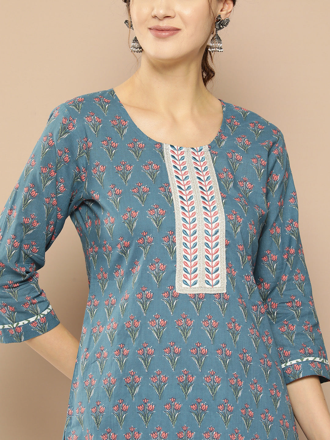 Women's Blue Ethnic Motifs Straight Kurta Trouser Set