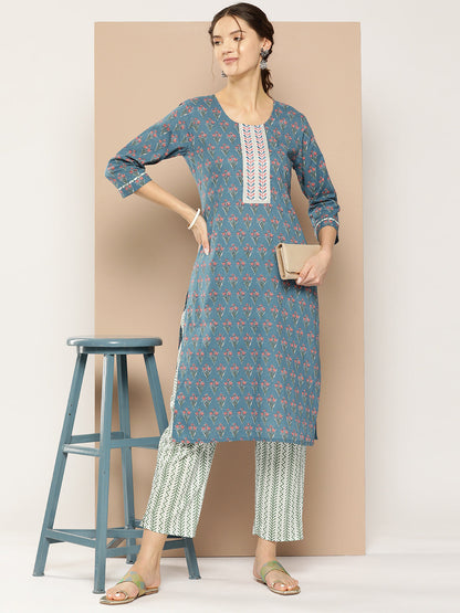 Women's Blue Ethnic Motifs Straight Kurta Trouser Set