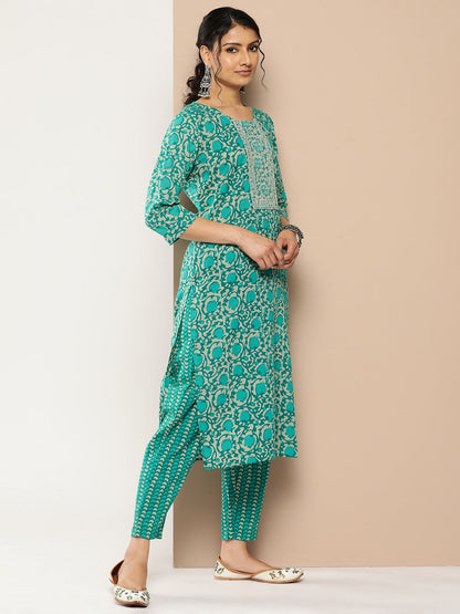 Women's Teal Blue Ethnic Motifs Straight Kurta Trouser Set