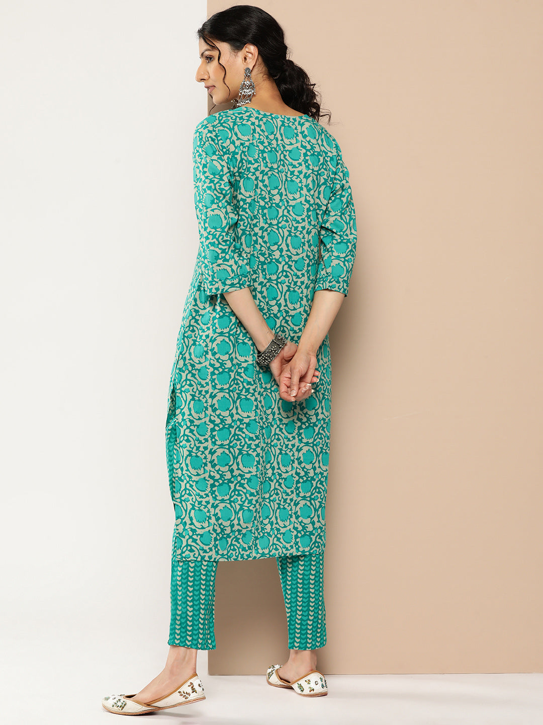 Women's Teal Blue Ethnic Motifs Straight Kurta Trouser Set