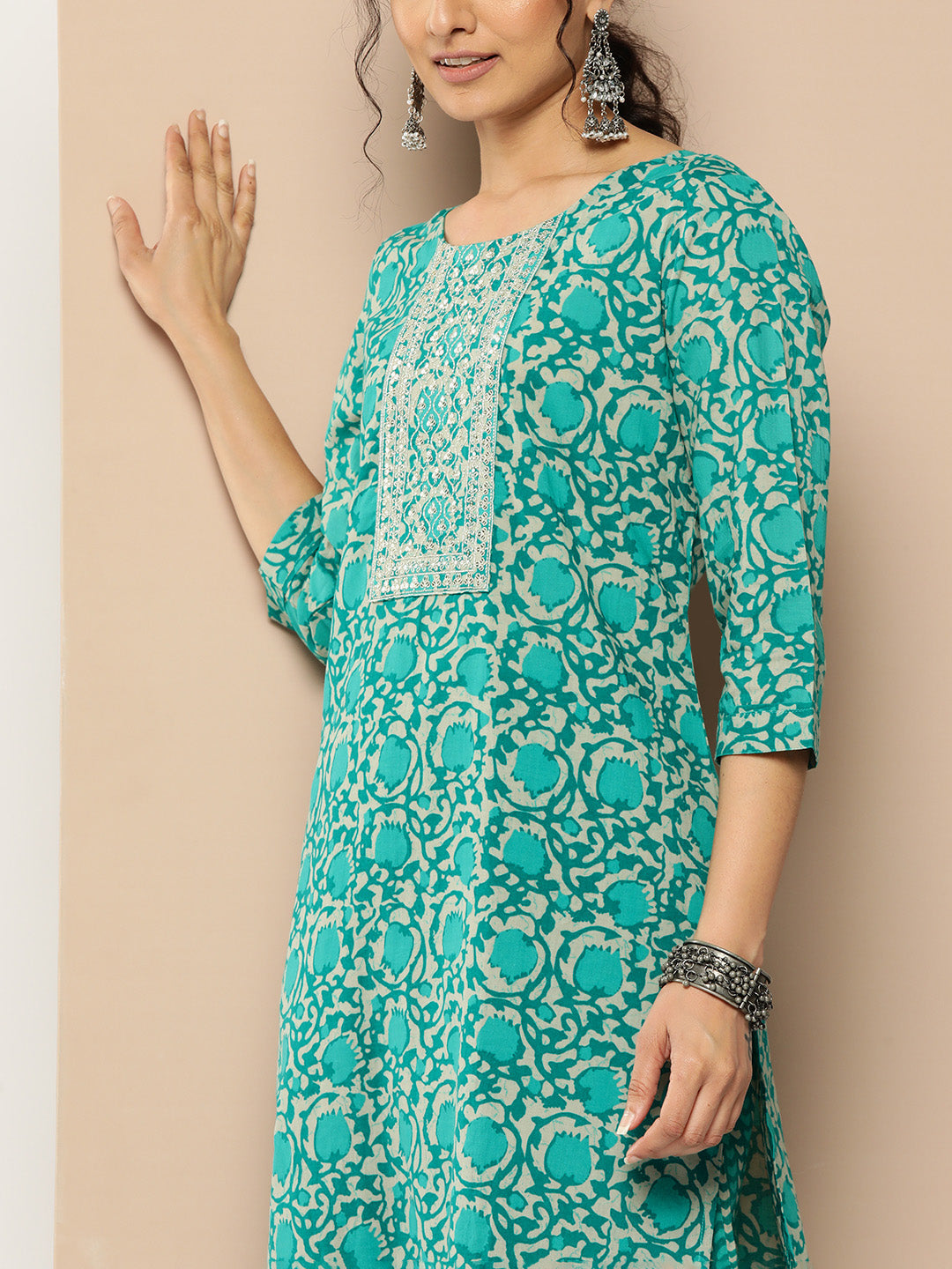 Women's Teal Blue Ethnic Motifs Straight Kurta Trouser Set