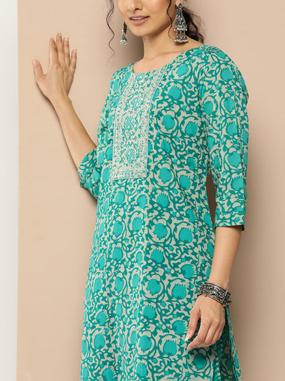 Women's Teal Blue Ethnic Motifs Straight Kurta Trouser Set