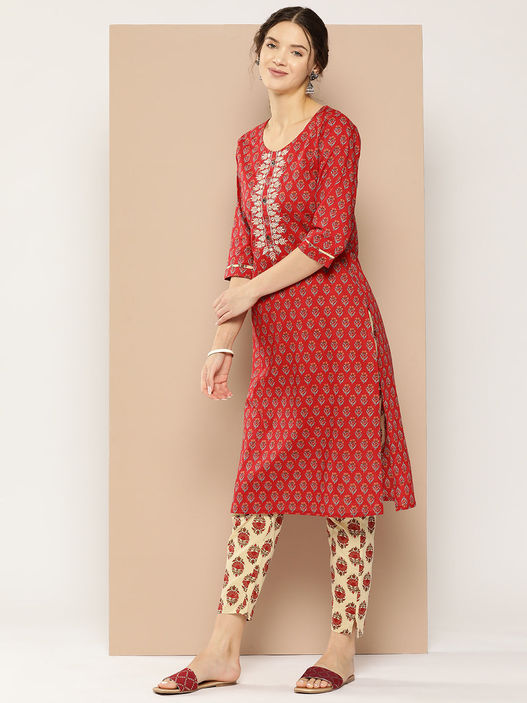 Women's Red Ethnic Motifs Straight Kurta Trouser And Dupatta Set