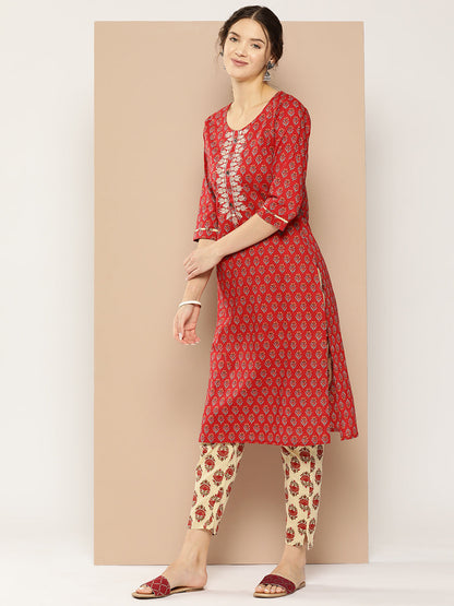 Women's Red Ethnic Motifs Straight Kurta Trouser And Dupatta Set