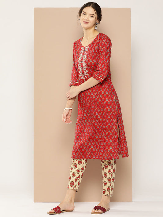Women's Red Ethnic Motifs Straight Kurta Trouser And Dupatta Set