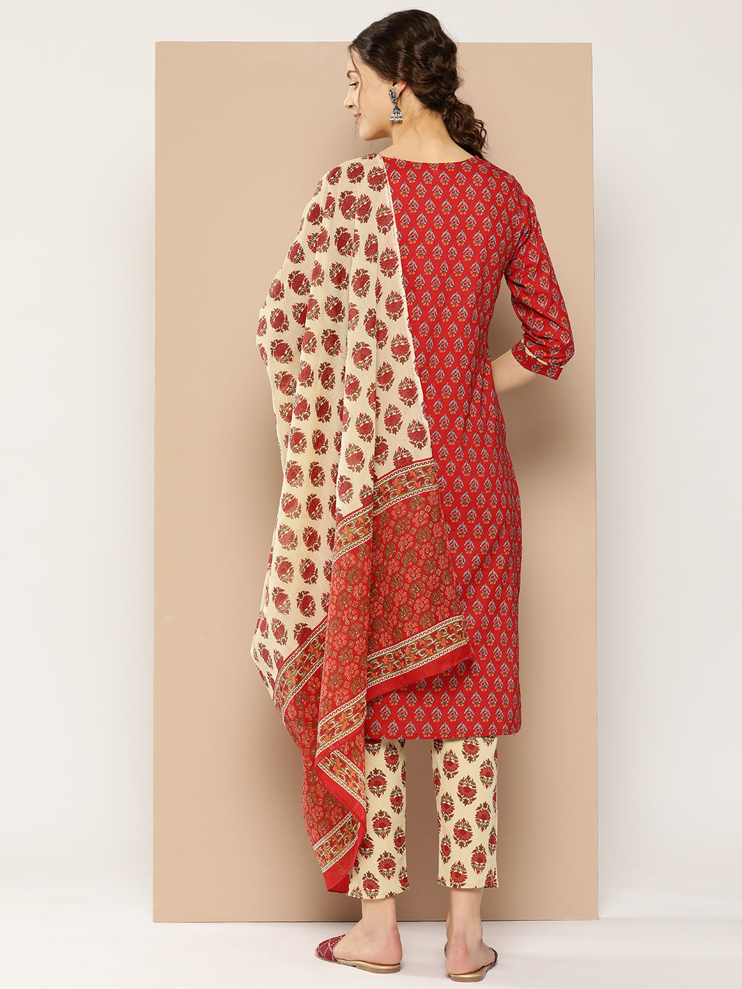 Women's Red Ethnic Motifs Straight Kurta Trouser And Dupatta Set
