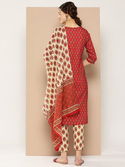 Women's Red Ethnic Motifs Straight Kurta Trouser And Dupatta Set