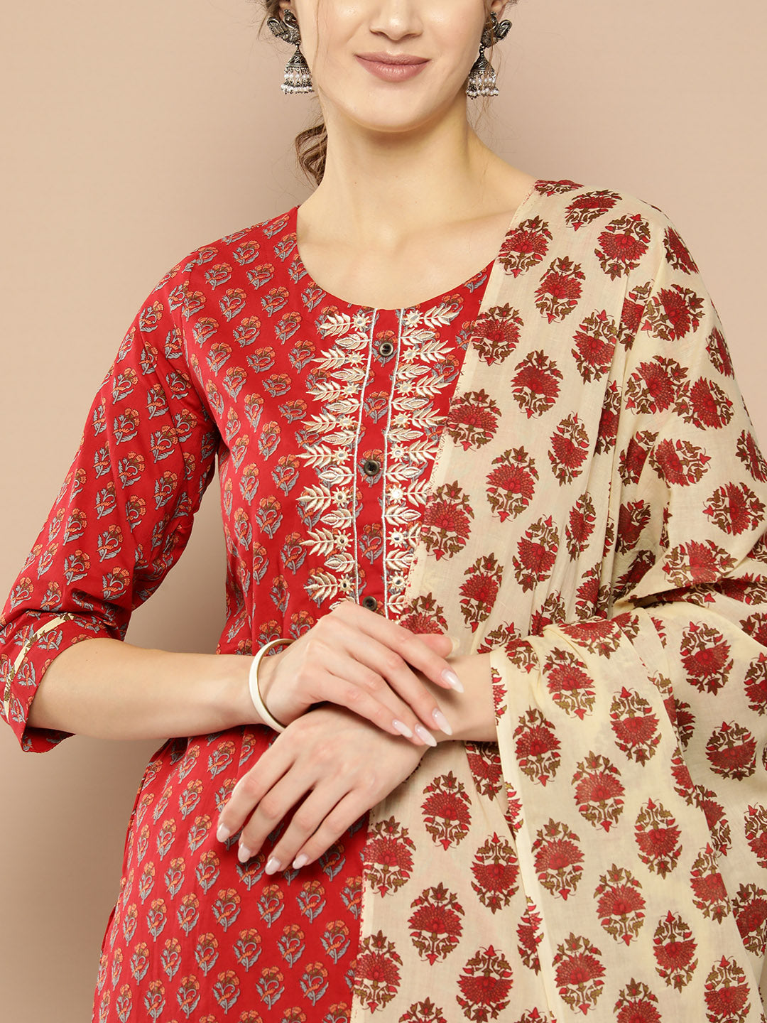 Women's Red Ethnic Motifs Straight Kurta Trouser And Dupatta Set