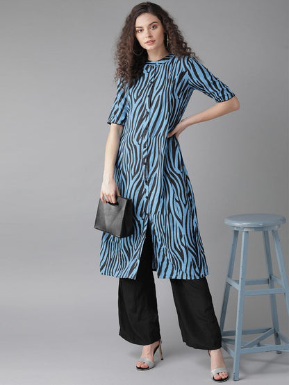Women's  Blue & Black Printed A-Line Kurta