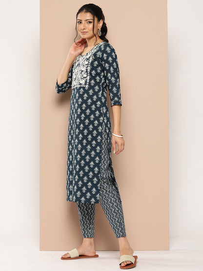 Women's Navy Blue Ethnic Motifs Straight Kurta Trouser And Dupatta Set