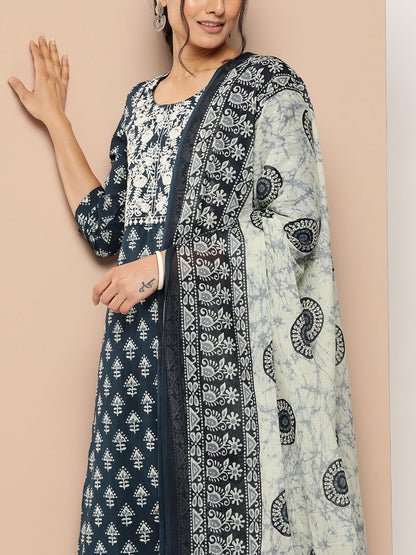Women's Navy Blue Ethnic Motifs Straight Kurta Trouser And Dupatta Set