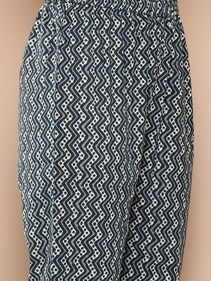 Women's Navy Blue Ethnic Motifs Straight Kurta Trouser And Dupatta Set
