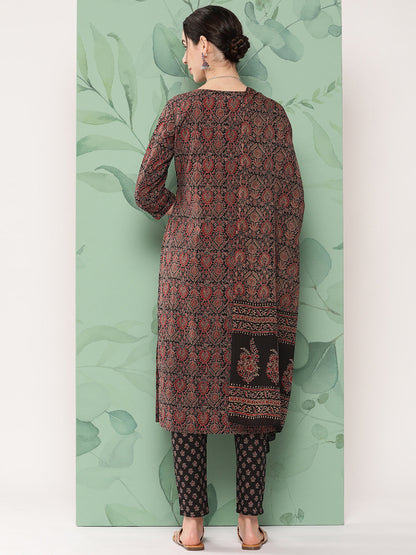 Women's Khaki Ethnic Motifs Straight Kurta Trouser And Dupatta Set