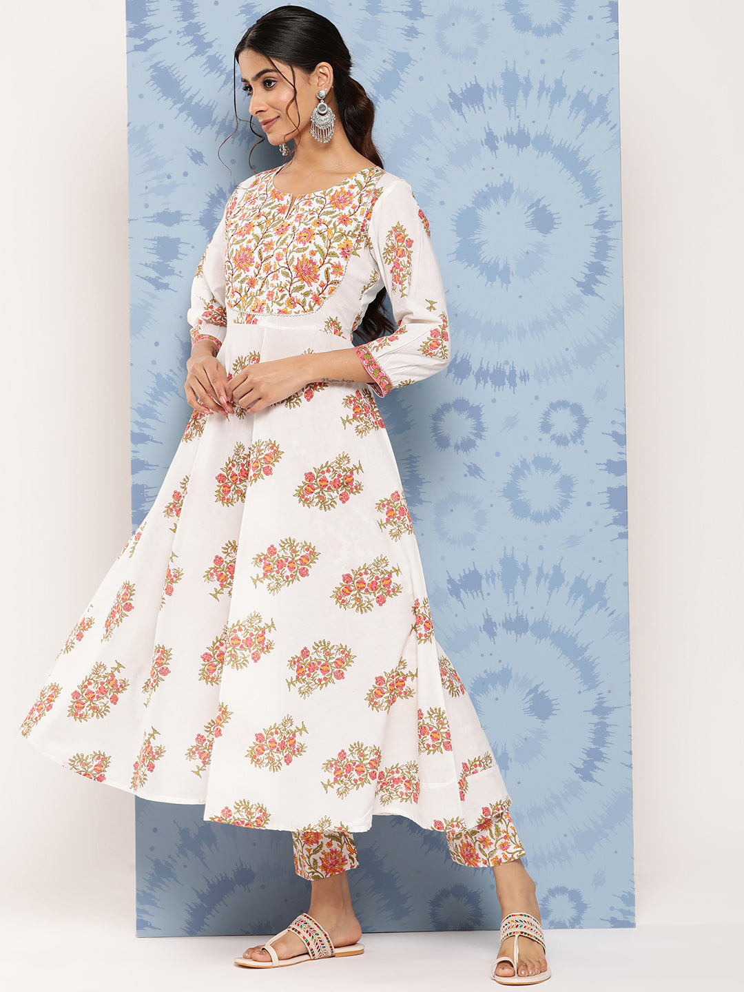 Women's White Floral Anarkali Kurta Trouser And Dupatta Set
