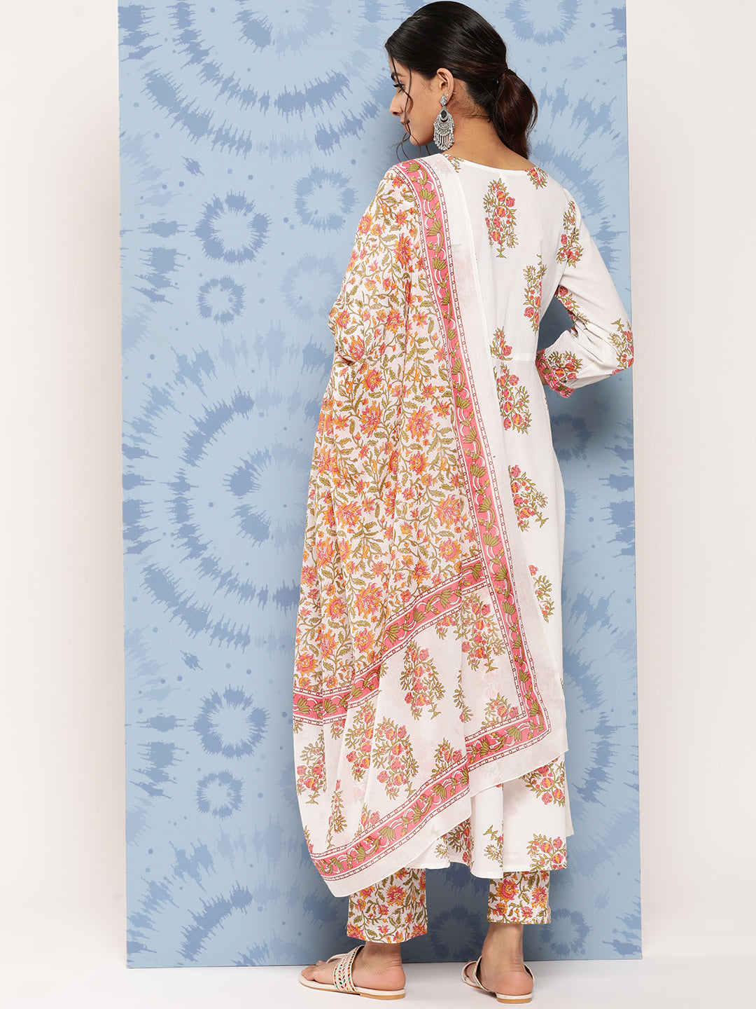 Women's White Floral Anarkali Kurta Trouser And Dupatta Set