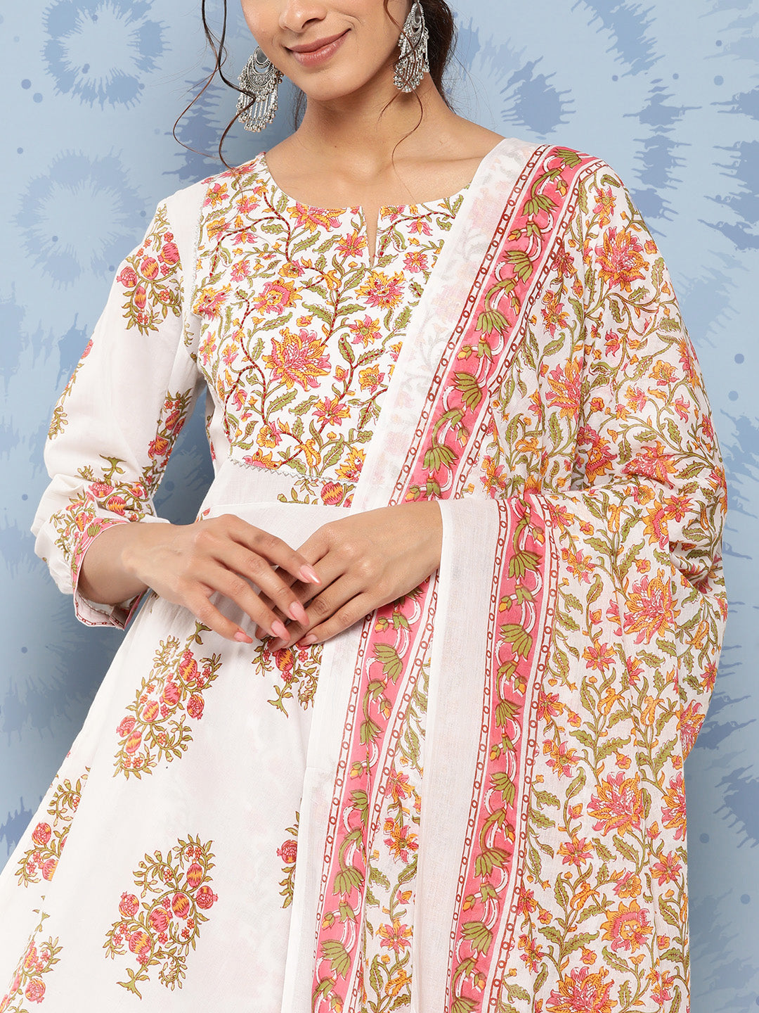 Women's White Floral Anarkali Kurta Trouser And Dupatta Set