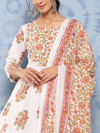 Women's White Floral Anarkali Kurta Trouser And Dupatta Set