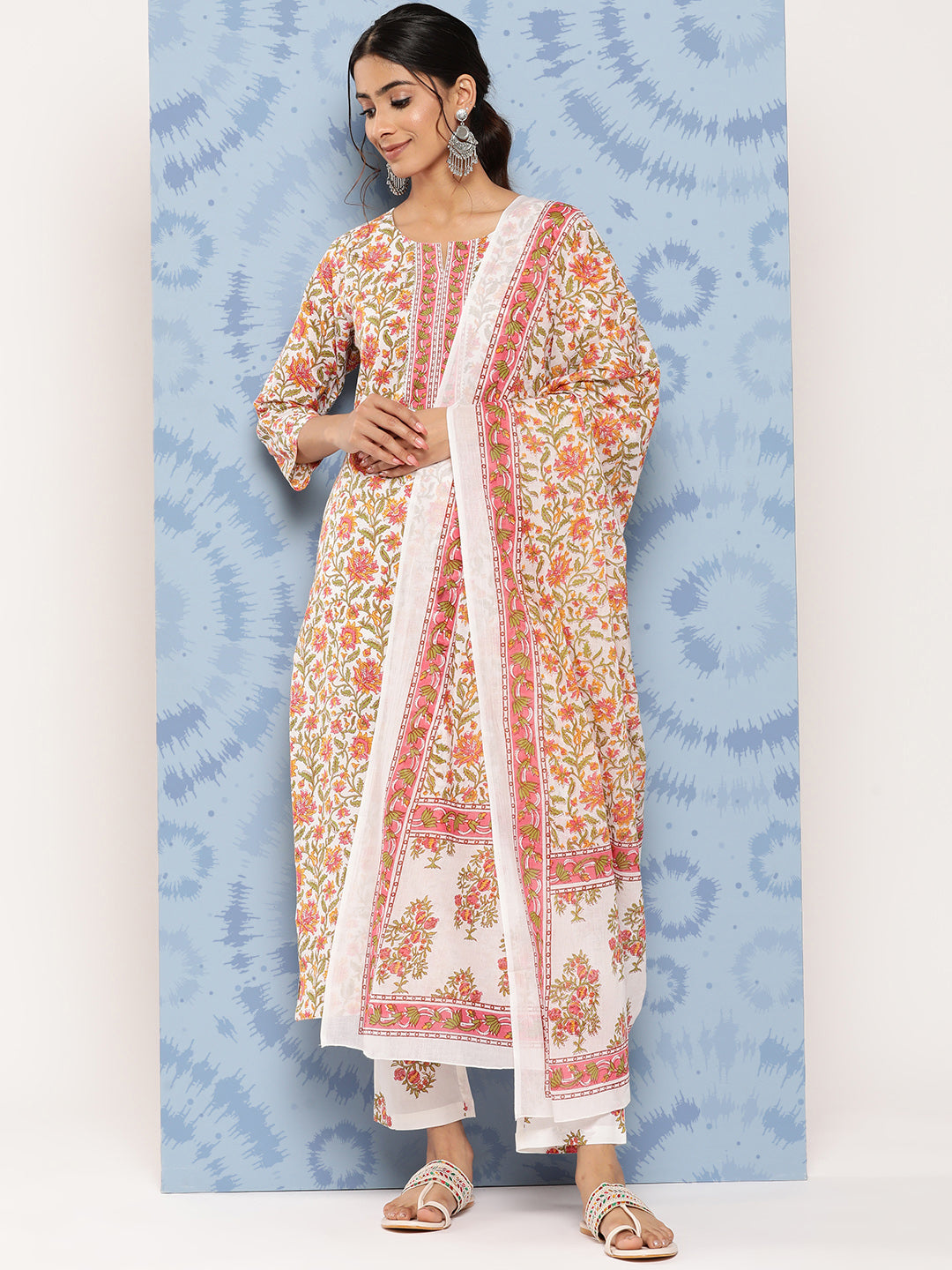 Women's White And Peach Floral Straight Kurta Trouser And Dupatta Set