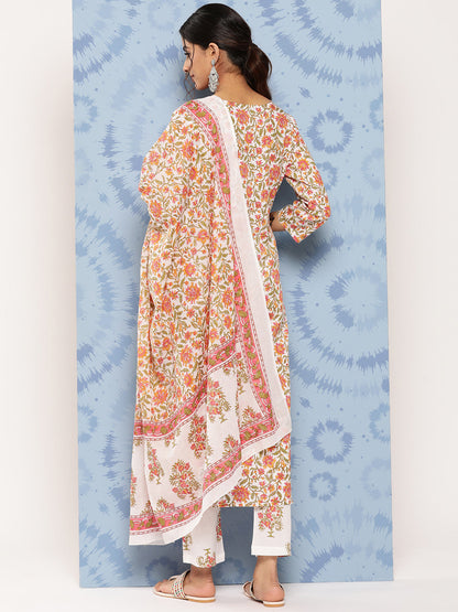 Women's White And Peach Floral Straight Kurta Trouser And Dupatta Set