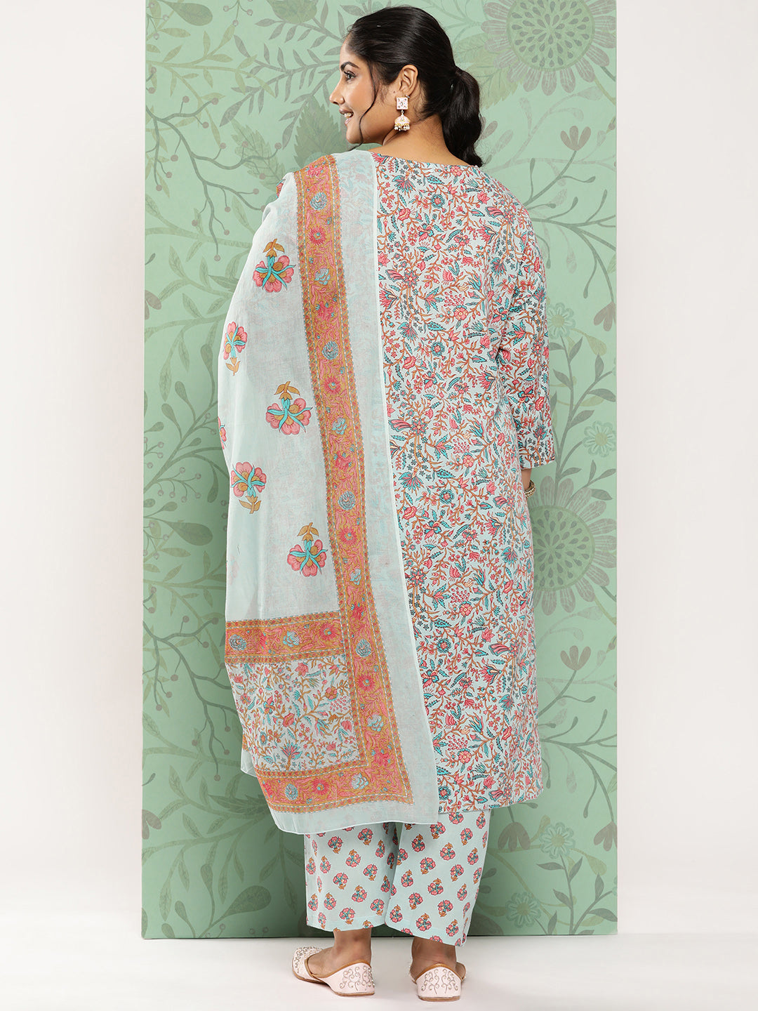 Women's Sky Blue Floral Straight Kurta Trouser And Dupatta Set