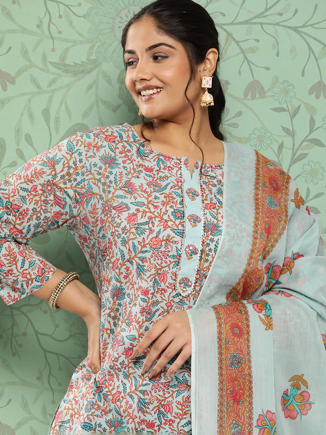 Women's Sky Blue Floral Straight Kurta Trouser And Dupatta Set
