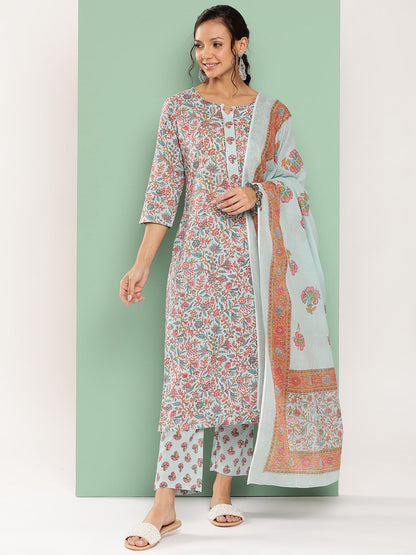 Women's Sky Blue Floral Straight Kurta Trouser And Dupatta Set