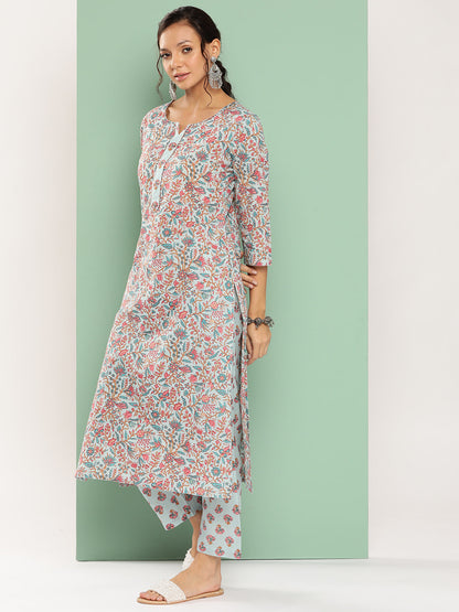Women's Sky Blue Floral Straight Kurta Trouser And Dupatta Set