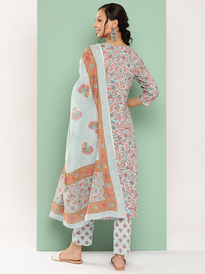 Women's Sky Blue Floral Straight Kurta Trouser And Dupatta Set