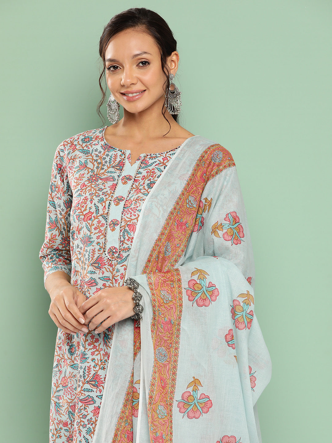 Women's Sky Blue Floral Straight Kurta Trouser And Dupatta Set