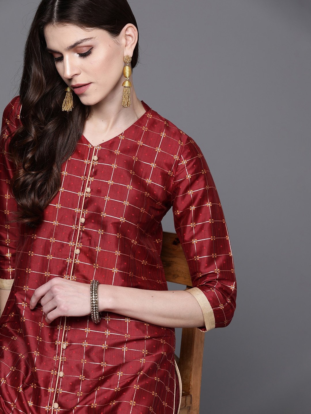 Women's  Maroon & Golden Checked Kurta with Palazzos