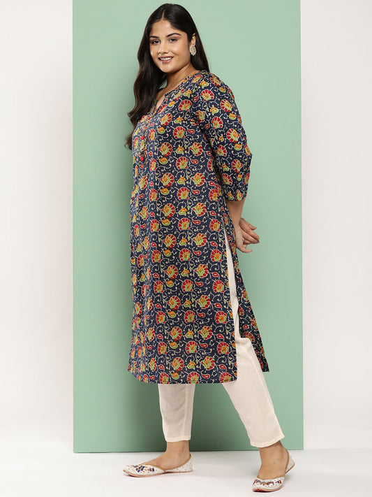 Women's Blue Floral Straight Kurta