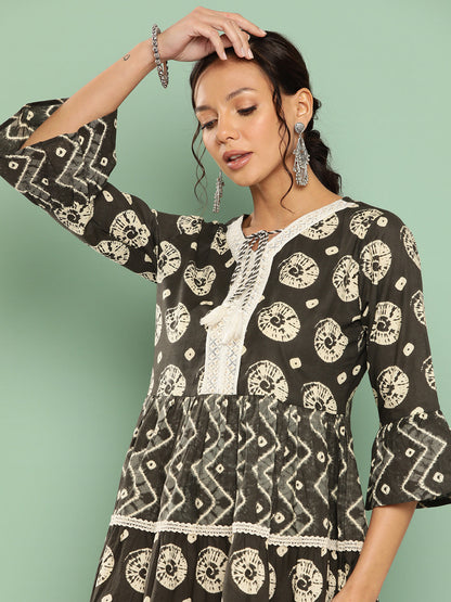 Women's Black Ethnic Motifs A-Line Dress