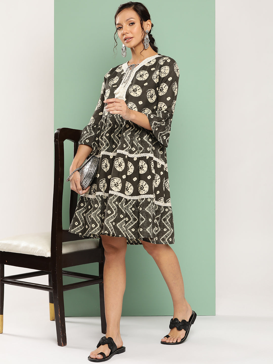 Women's Black Ethnic Motifs A-Line Dress