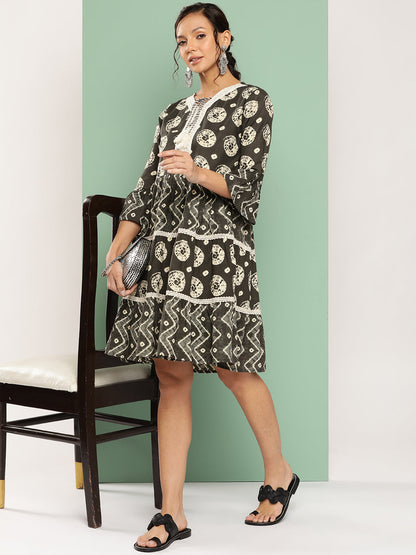 Women's Black Ethnic Motifs A-Line Dress