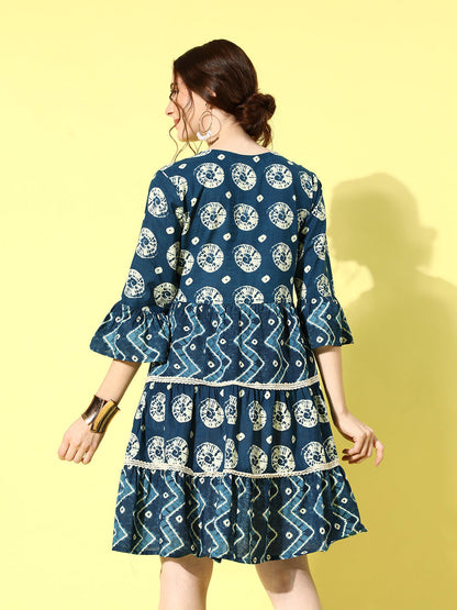 Women's Blue Ethnic Motifs A-Line Dress