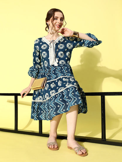 Women's Blue Ethnic Motifs A-Line Dress
