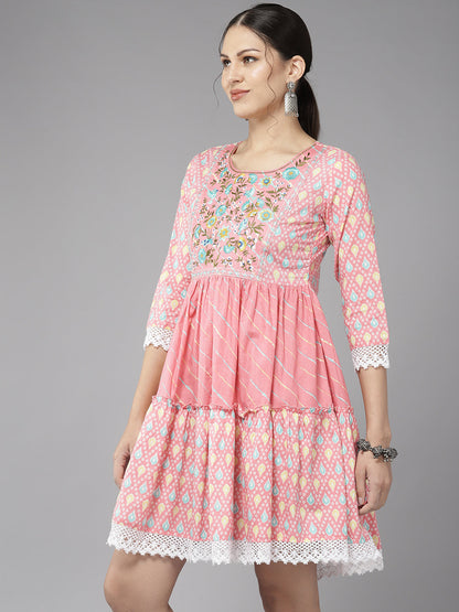 Women's Pink Embroidery A-Line Dress