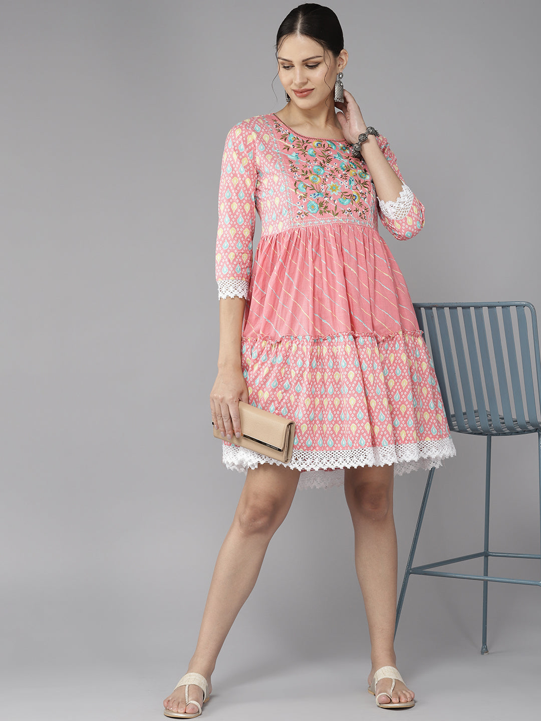 Women's Pink Embroidery A-Line Dress