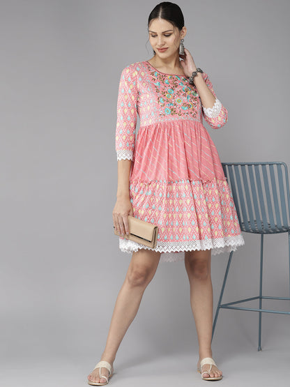 Women's Pink Embroidery A-Line Dress