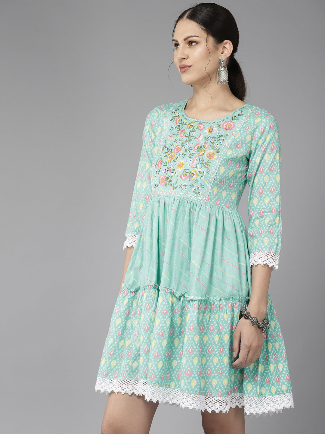 Women's Turquoise Blue Embroidery A-Line Dress