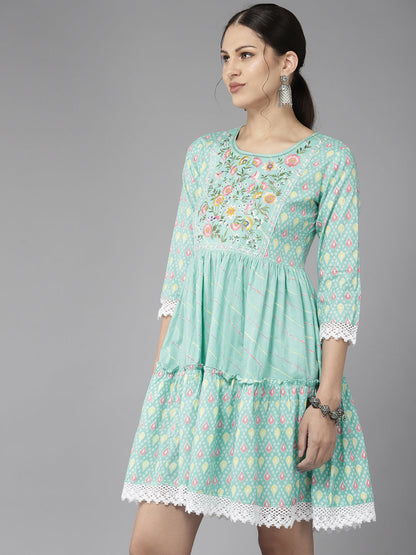 Women's Turquoise Blue Embroidery A-Line Dress
