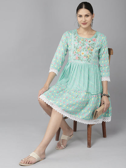 Women's Turquoise Blue Embroidery A-Line Dress