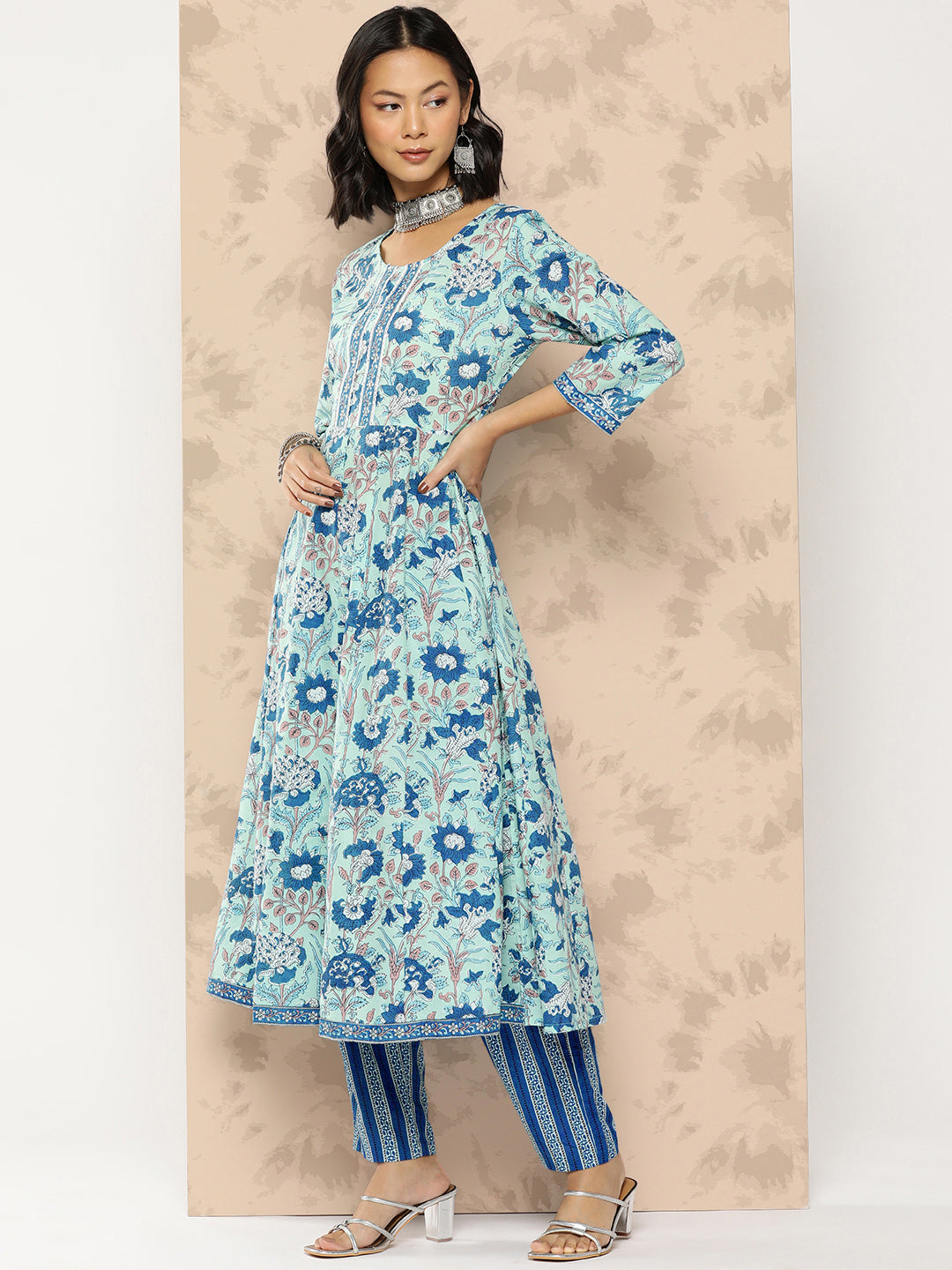 Women's Sky Blue Floral Anarkali Kurta Trouser And Dupatta Set