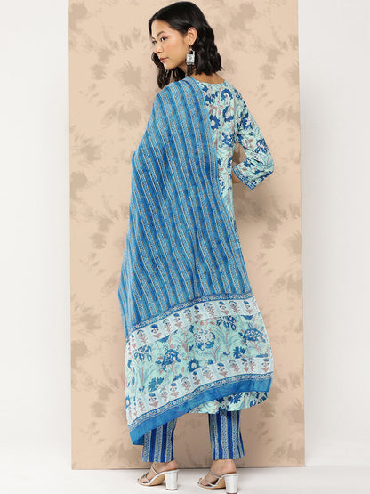 Women's Sky Blue Floral Anarkali Kurta Trouser And Dupatta Set